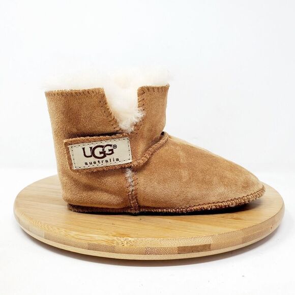 UGG Erin Boots Infant L High Top Wrap Brown Suede Sheepskin Baby Strap Booties - Picture 6 of 11